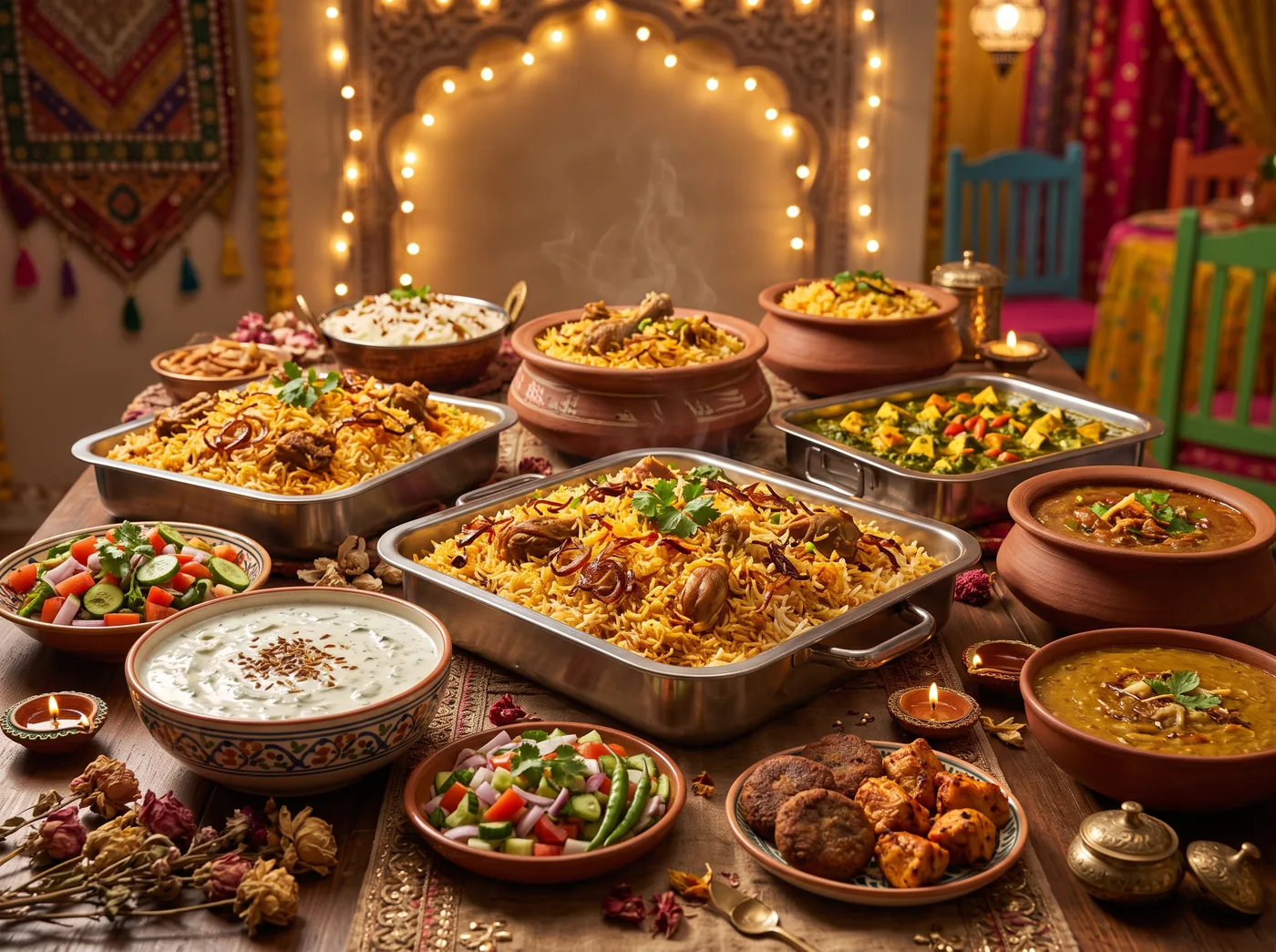 Festive catering spread of biryani trays, raita, and salad set out for an event