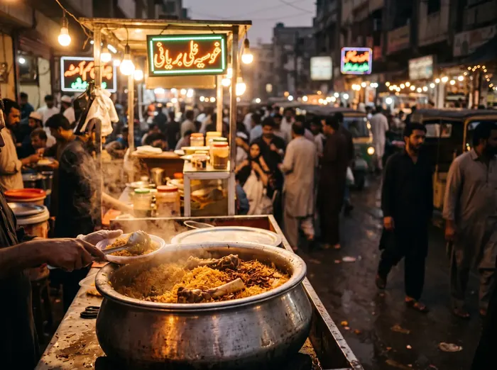 A busy Karachi street food stall at night serving biryani from a large pot