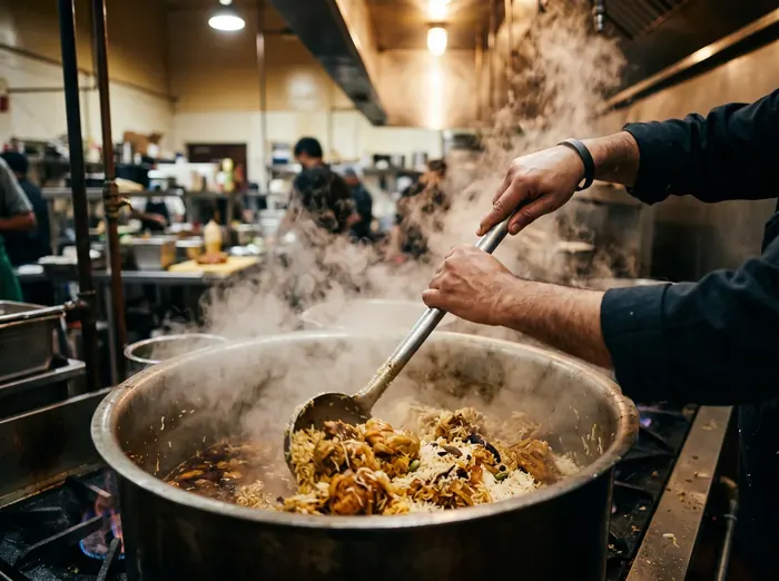 Chef's hands stirring a large steaming pot of biryani in a commercial kitchen