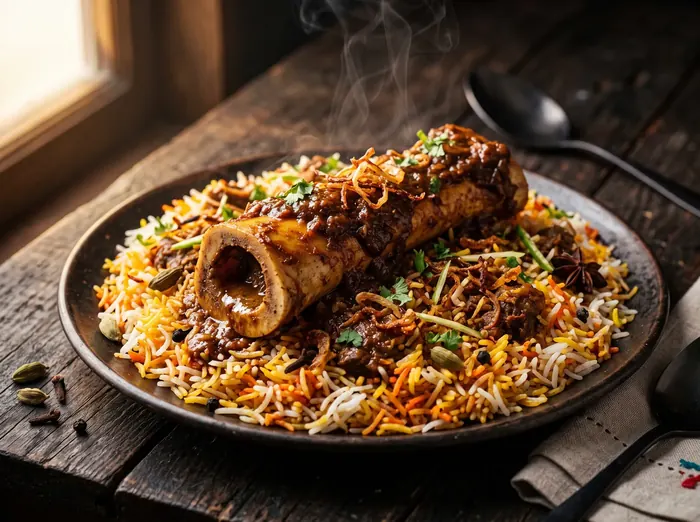 Close-up of a beef nalli biryani plate with a marrow bone on saffron rice