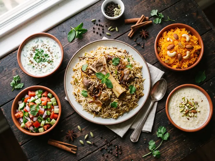 Top-down flatlay of a biryani plate surrounded by raita, salad, zarda and kheer
