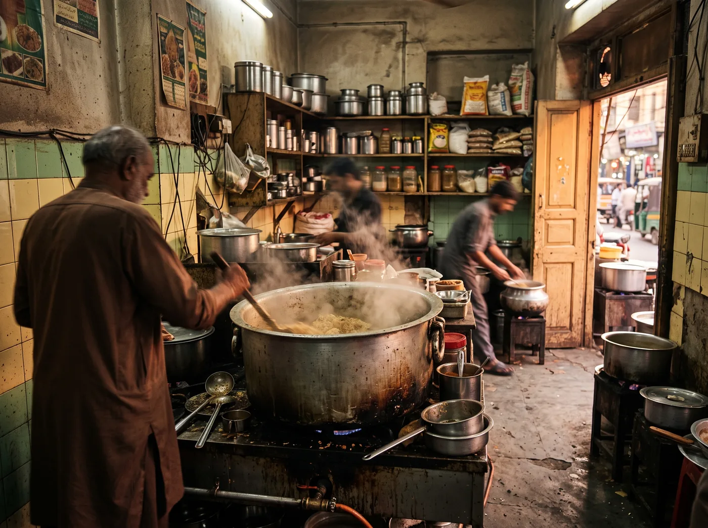 Old-school Karachi biryani kitchen with a large steaming pot